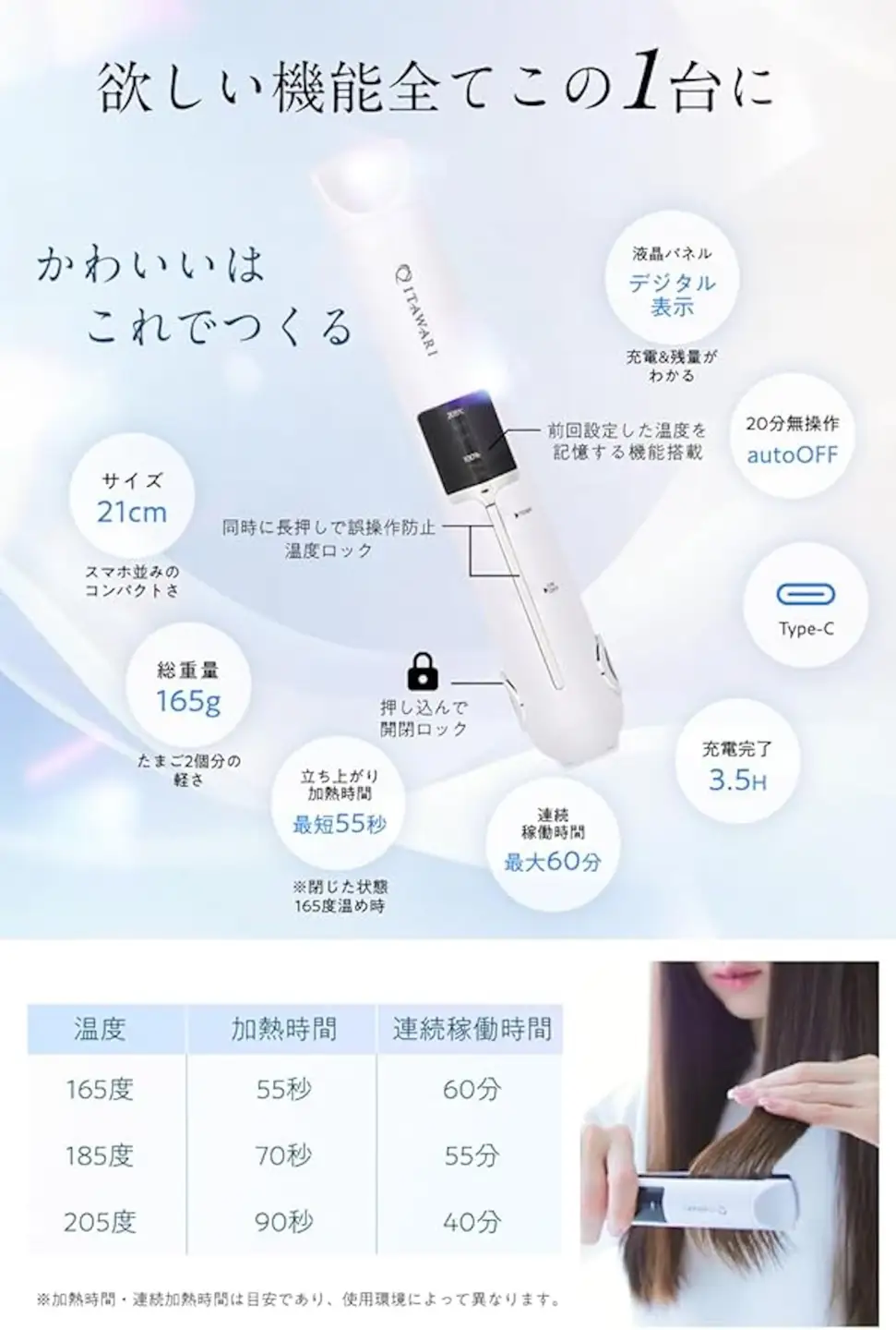 [表参道 美容サロン推奨] 日本メーカー公式 コードレスヘアアイロン (ブラック) [キューティクル保護プレート採用 髪に艶と潤いを] 充電式持ち運びヘアアイロン [1335]
