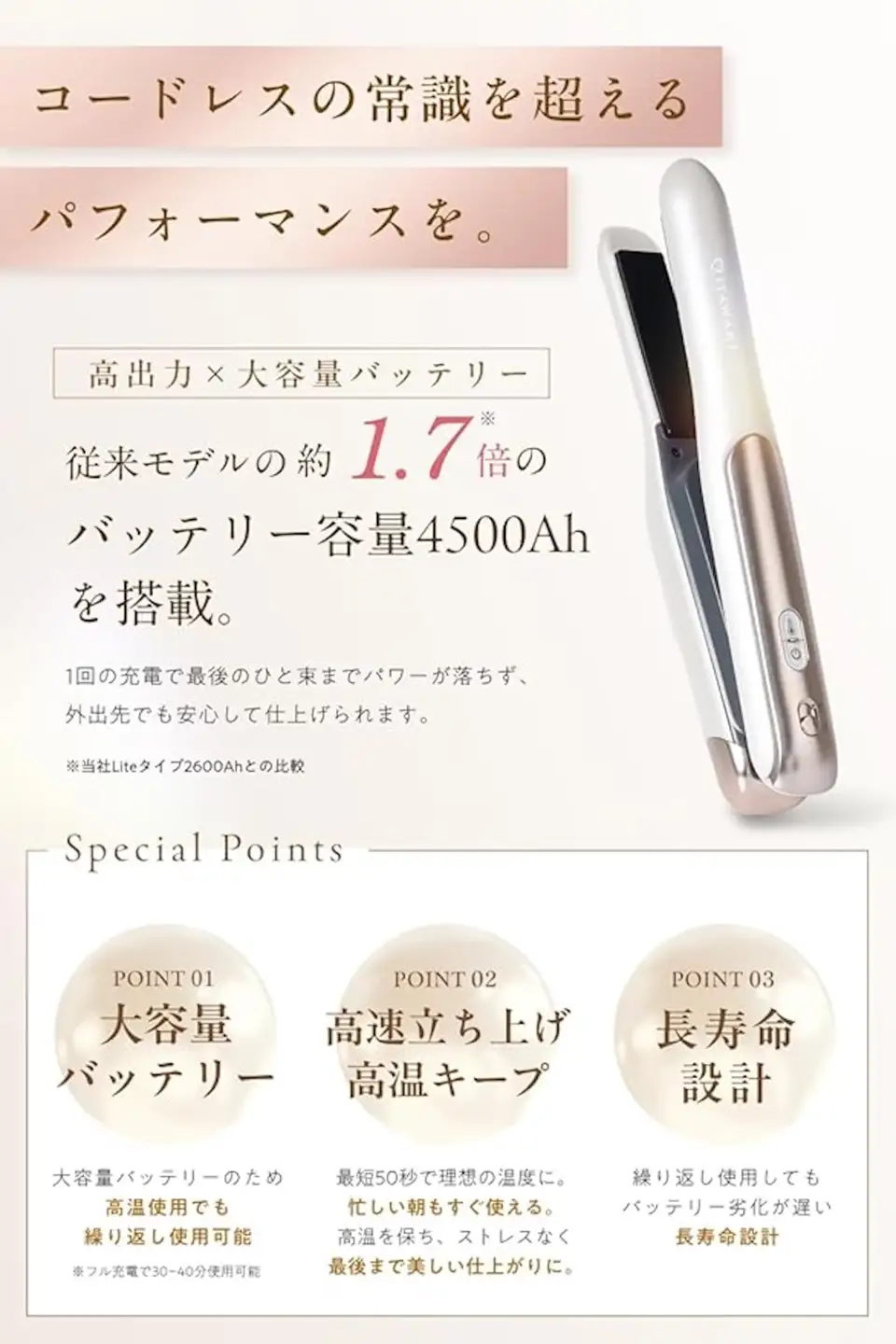 コードレスヘアアイロン機内持ち込み可海外対応 [キューティクル保護プレート×従来比1.7倍出力で髪に艶と潤いを] 充電式持ち運びミニヘアアイロン (ベージュ) [1337]