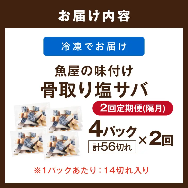 定期便2回【訳あり】魚屋の味付け骨取り塩サバ4パック（56切れ×2回/約2.8kg）※隔月