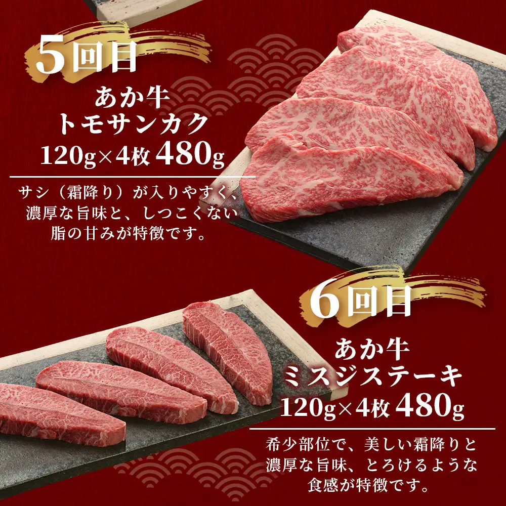 【定期便6回】あか牛希少6種のステーキ 定期便 サーロイン600g・ランプ450g・ヒレ360g・三角バラ480g・トモサンカク480g・ミスジ480g 牛肉 お肉 ステーキ あか牛 定期便 贅沢 熊本県 046-0805