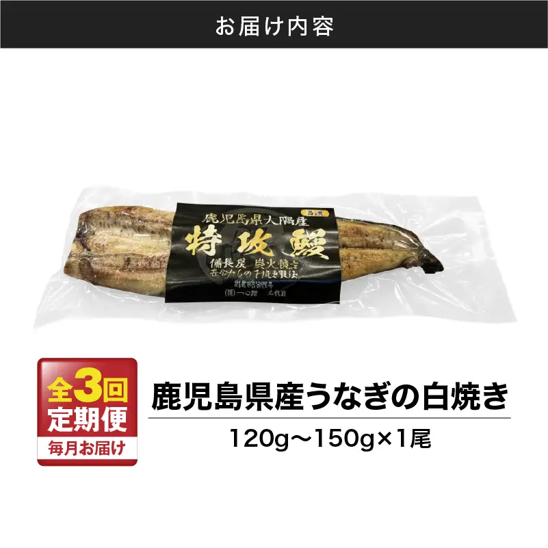 【 全3回 定期便 】 鹿児島県産 うなぎ の 白焼き 1尾 KN174-T06 定期 ウナギ 鰻 冷凍
