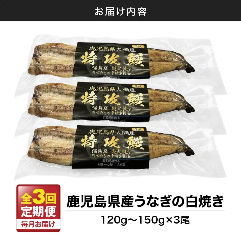 【 全3回 定期便 】 鹿児島県産 うなぎ の 白焼き 3尾 KN174-T08 定期 ウナギ 鰻 冷凍