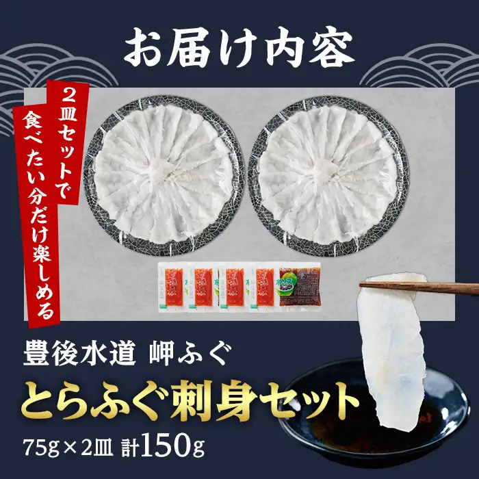 とらふぐ 刺身 セット 4～5人前 2皿セット (75g×2皿・計150g) ふぐ刺し ふぐ刺身 とらふぐ 薬味付き ポン酢付き 個包装 真空 冷凍 国産 養殖 河豚 豊後水道 岬ふぐ 海鮮 魚介 大分県 佐伯市【JJ003】【浪井丸一水産】
