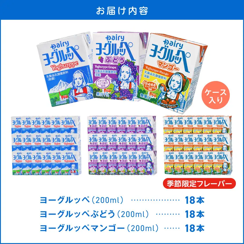 ◆期間限定◆ヨーグルッペプレーン&ぶどう&マンゴー54本セット〔14-23-001-26-O〕_(都城市) ご当地ドリンク 乳酸菌飲料 3種類の詰め合わせセット 常温配送 おやつ ジュース 紙パック ストロー付 200ml 子供