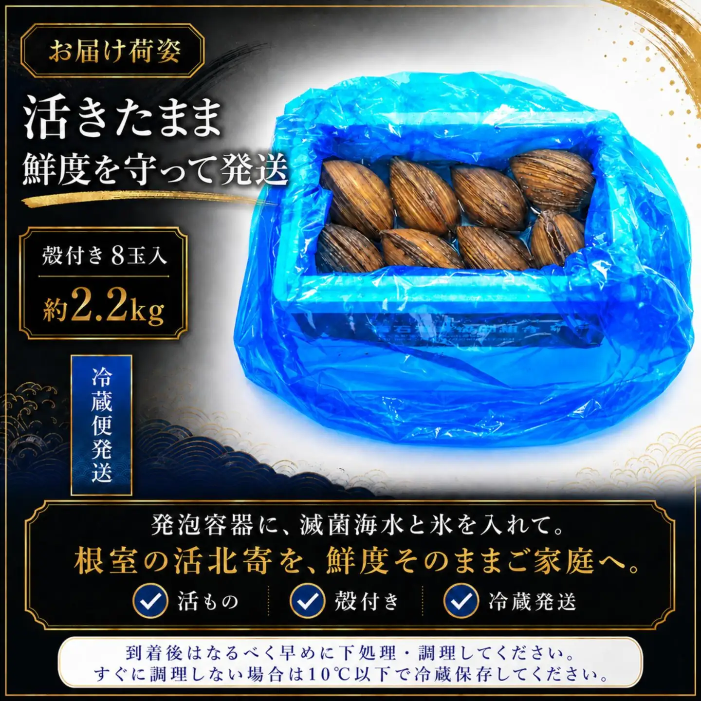【北海道根室産】活北寄貝(殻付き)8玉 計約2.2kg A-20015