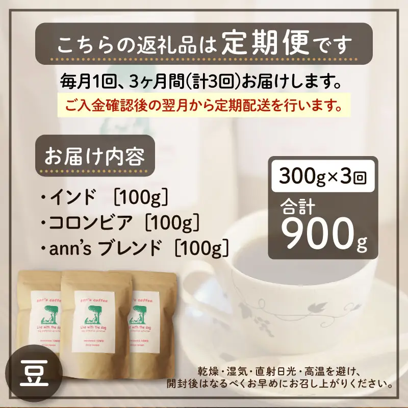 コーヒー豆 【定期便3か月】ann's cafe 100g×3種 コーヒー豆