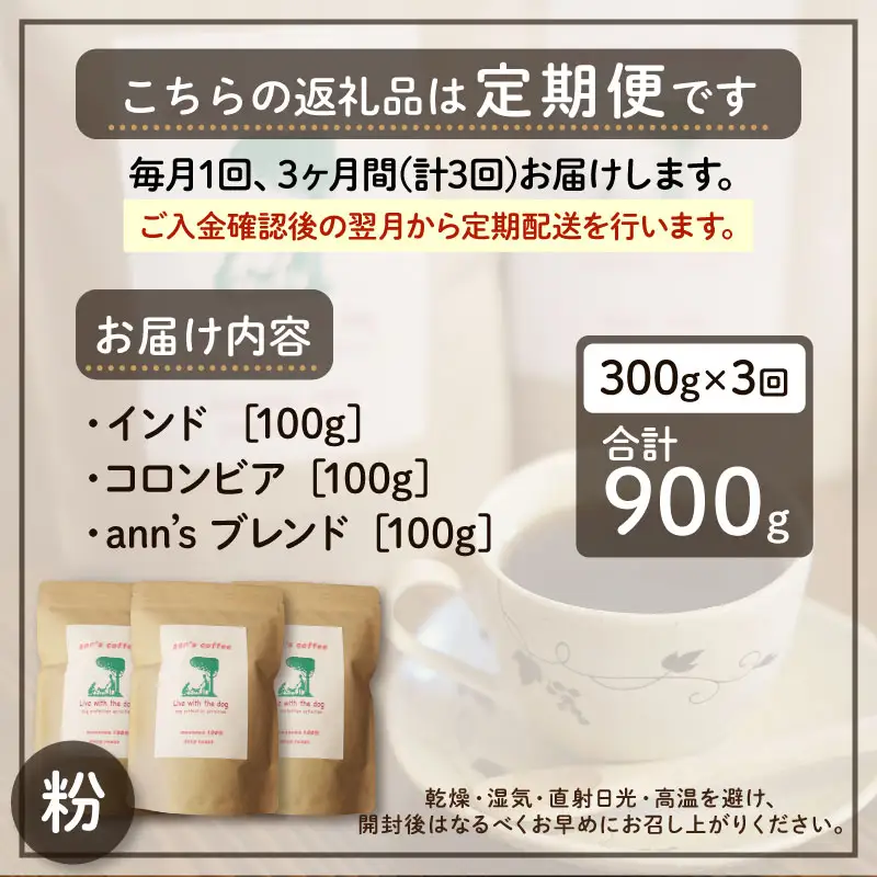 コーヒー粉 【定期便3か月】ann's cafe 100g×3種 コーヒー粉