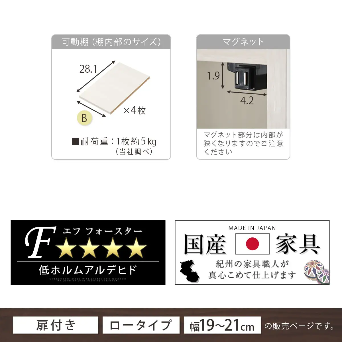 【完成品＋設置付き】オーダーすき間ラック〔幅19cm・扉右開き・ロータイプ〕（ホワイトウッド）すき間ラック 収納棚 扉付き スリム 約 奥行32 高さ90 ロータイプ オーダーラック キッチン AKONBE400081-19R-WWO