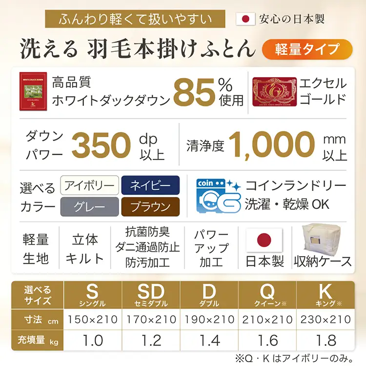 【冬用】洗える 羽毛布団 本掛け 軽量 ダブル ホワイトダックダウン85% 1.4kg 無地 アイボリー 冬用