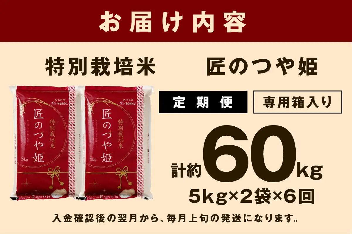 【令和７年産】【定期便】特別栽培米「匠のつや姫」（10kg×6回コース） 【058_1858】
