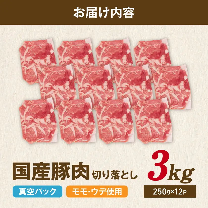 国産豚肉切り落とし3kg(250g×12P)〔11-89-008-3kg〕_(都城市) 