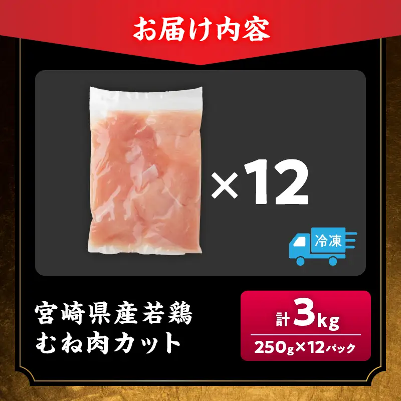数量限定 宮崎県産 若鶏むね肉 切身 250g×12袋 計3kg_BAV12-26