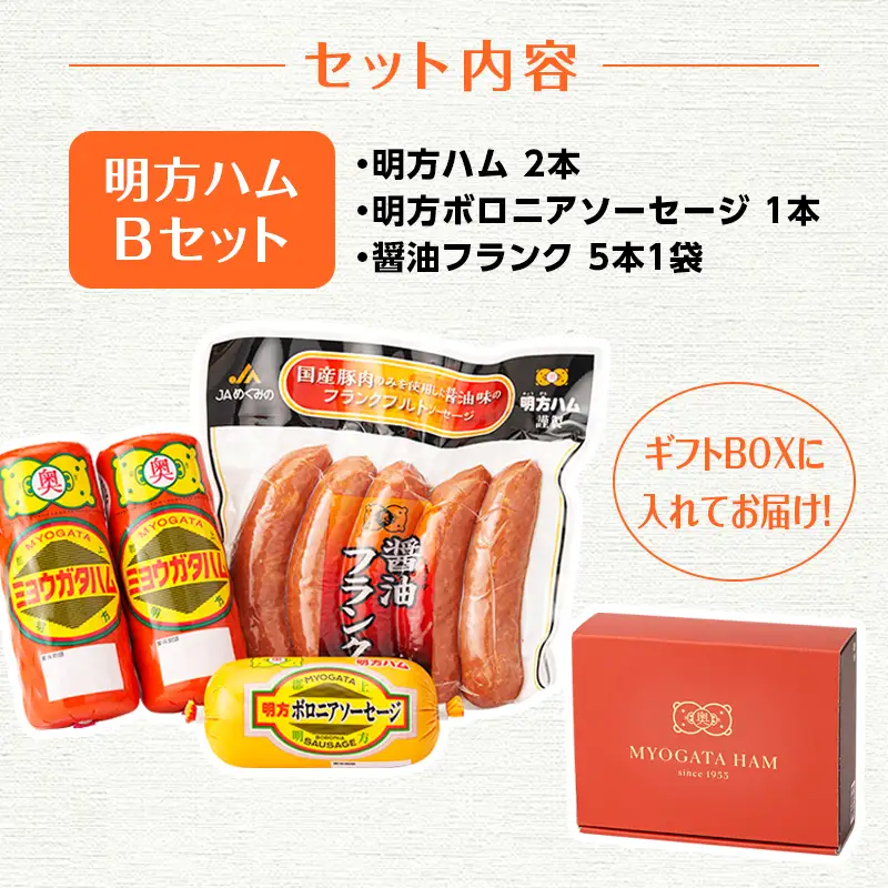 明方ハム 詰め合わせ Bセット 国産 豚肉 プレスハム ハム ギフト 贈り物 お祝い 本格ハム ソーセージ ウインナー 高級 人気 セット 簡単調理 おかず お弁当 朝食 加工肉 JAめぐみの
