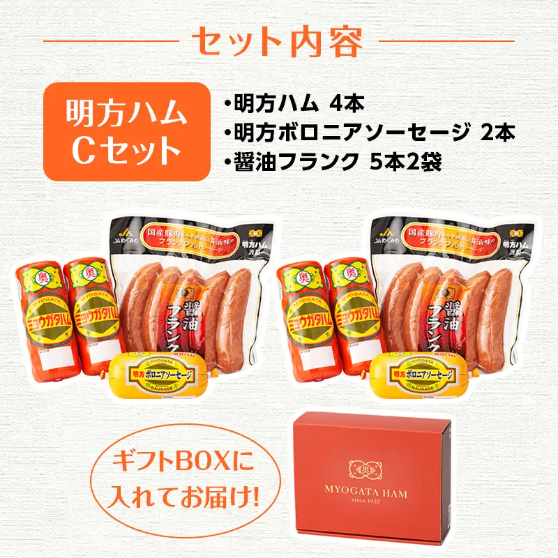 明方ハム 詰め合わせ Cセット 国産 豚肉 プレスハム ハム ギフト 贈り物 お祝い 本格ハム ソーセージ ウインナー 高級 人気 セット 簡単調理 おかず お弁当 朝食 加工肉 JAめぐみの