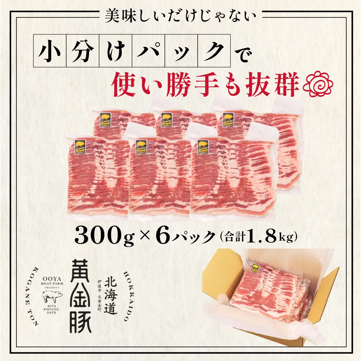 ＜10月発送＞北海道 黄金豚 豚バラ スライス 300g 6パック 計1.8kg 国産 三元豚 ブランド豚 豚肉 バラ肉 冷凍 お肉 小分け 薄切り 肉料理 鍋料理 炒め物 大矢 オオヤミート 送料無料 伊達市 55250193-2610