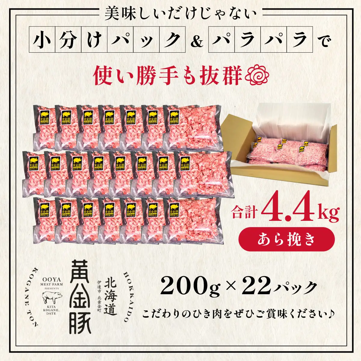 ＜10月発送＞＜黄金豚＞ブランドポーク 北海道 豚ひき肉 あら挽き 200g 22パック 計4.4kg | 伊達産 黄金豚 三元豚 ミンチ 挽肉 お肉 豚肉 小分け ハンバーグ 餃子 カレー 大矢 オオヤミート 冷凍 送料無料 ooy-003-2610