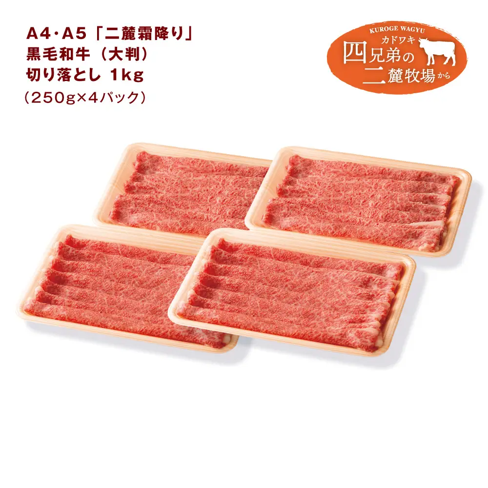 A4･A5「二麓（にろく）霜降り」黒毛和牛（大判）切り落とし 1kg（250g×4）　ニセコ連峰と鈴鹿山脈、二つの麓（ふもと）で育てた脂の質にこだわった美味しい霜降りをリーズナブルに│牛肉 国産牛 ブランド牛 冷凍便 大容量 年末年始 お正月 焼肉 しゃぶしゃぶ すき焼き 三重県 四日市市 ふるさと納税