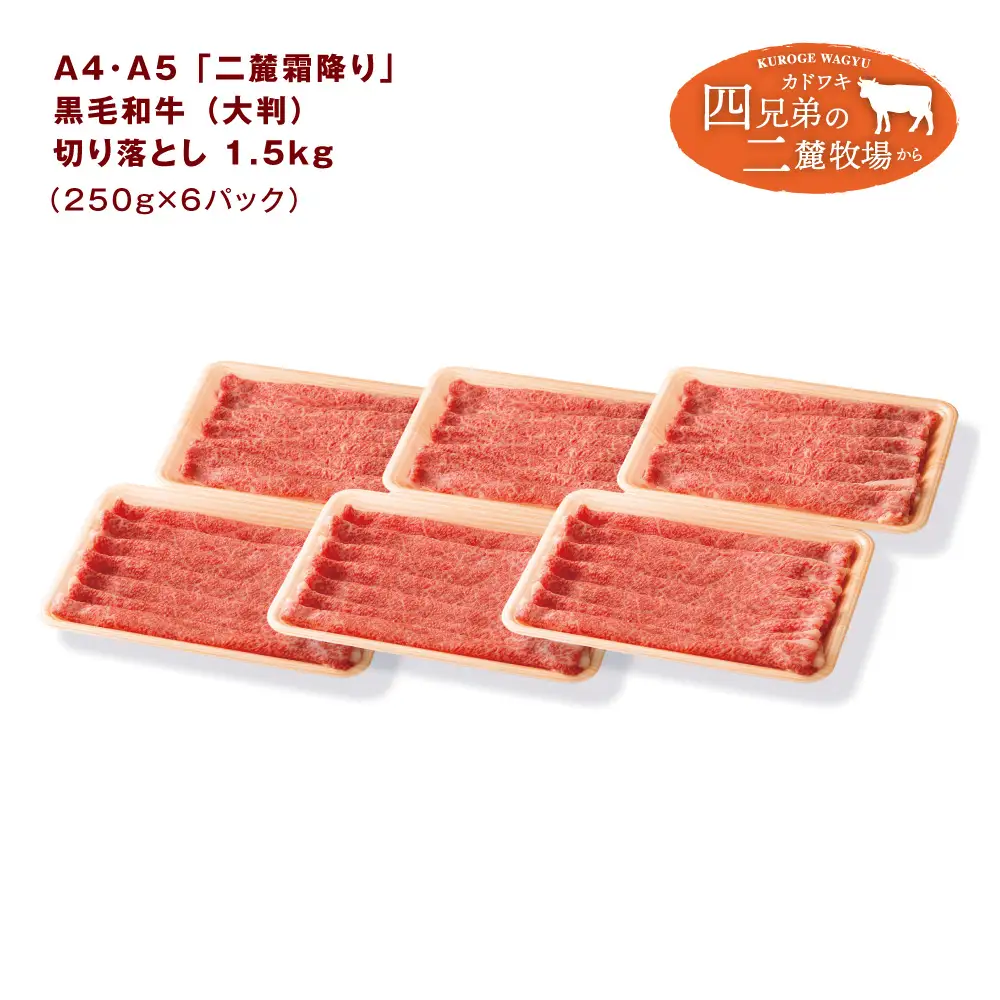 A4･A5「二麓（にろく）霜降り」黒毛和牛（大判）切り落とし 1.5kg（250g×6）ニセコ連峰と鈴鹿山脈、二つの麓（ふもと）で育てた脂の質にこだわった美味しい霜降りをリーズナブルに│牛肉 国産牛 ブランド牛 冷凍便 大容量 年末年始 お正月 焼肉 しゃぶしゃぶ すき焼き 三重県 四日市市 ふるさと納税