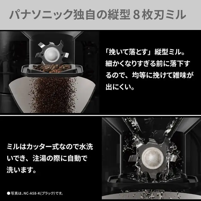パナソニック コーヒーメーカー 全自動 ミル付き 沸騰浄水機能 デカフェ豆コース搭載 NC-A58-W ホワイト | Panasonic コンパクト 煮詰まり軽減　白