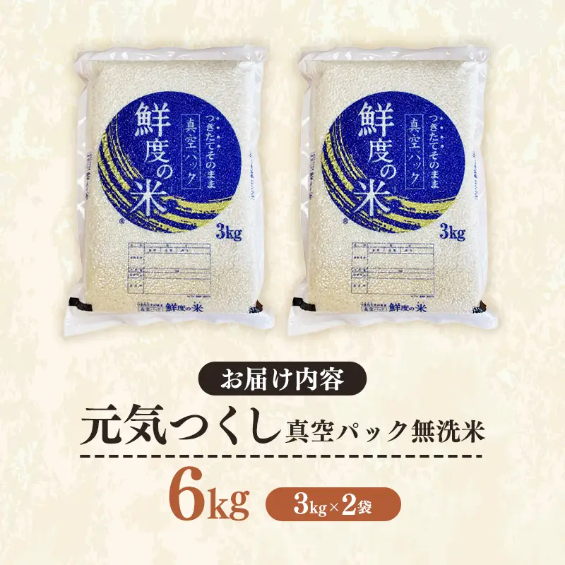 ＜令和7年産＞ 元気つくし 無洗米 真空パック 6kg(3kg×2袋)【無洗米 ご飯 米 お米 元気つくし ブランド 真空パック パック 保存 備蓄 便利 お弁当 筑前町 福岡県 AB028】