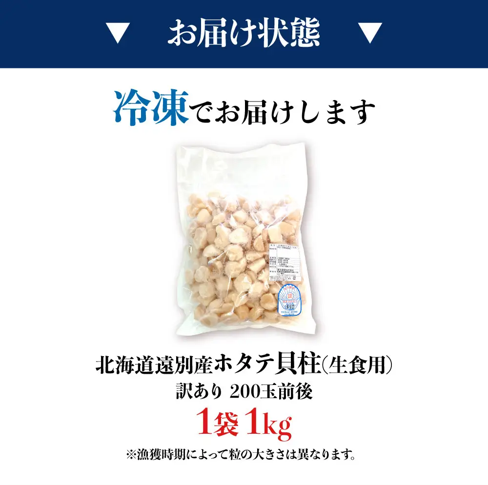 【訳あり　サイズ不揃い】北海道　遠別町産ホタテ貝柱　選べる　容量（約1kg）　帆立　刺身　冷凍　小分け　規格外