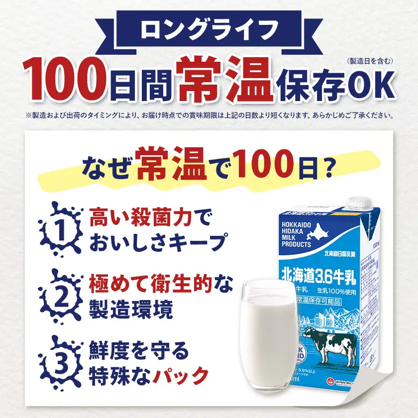 【12ヶ月定期便】ロングライフ 常温保存可能 北海道 3.6 牛乳 1000ml × 12本 日高乳業《お申込み翌月から出荷》