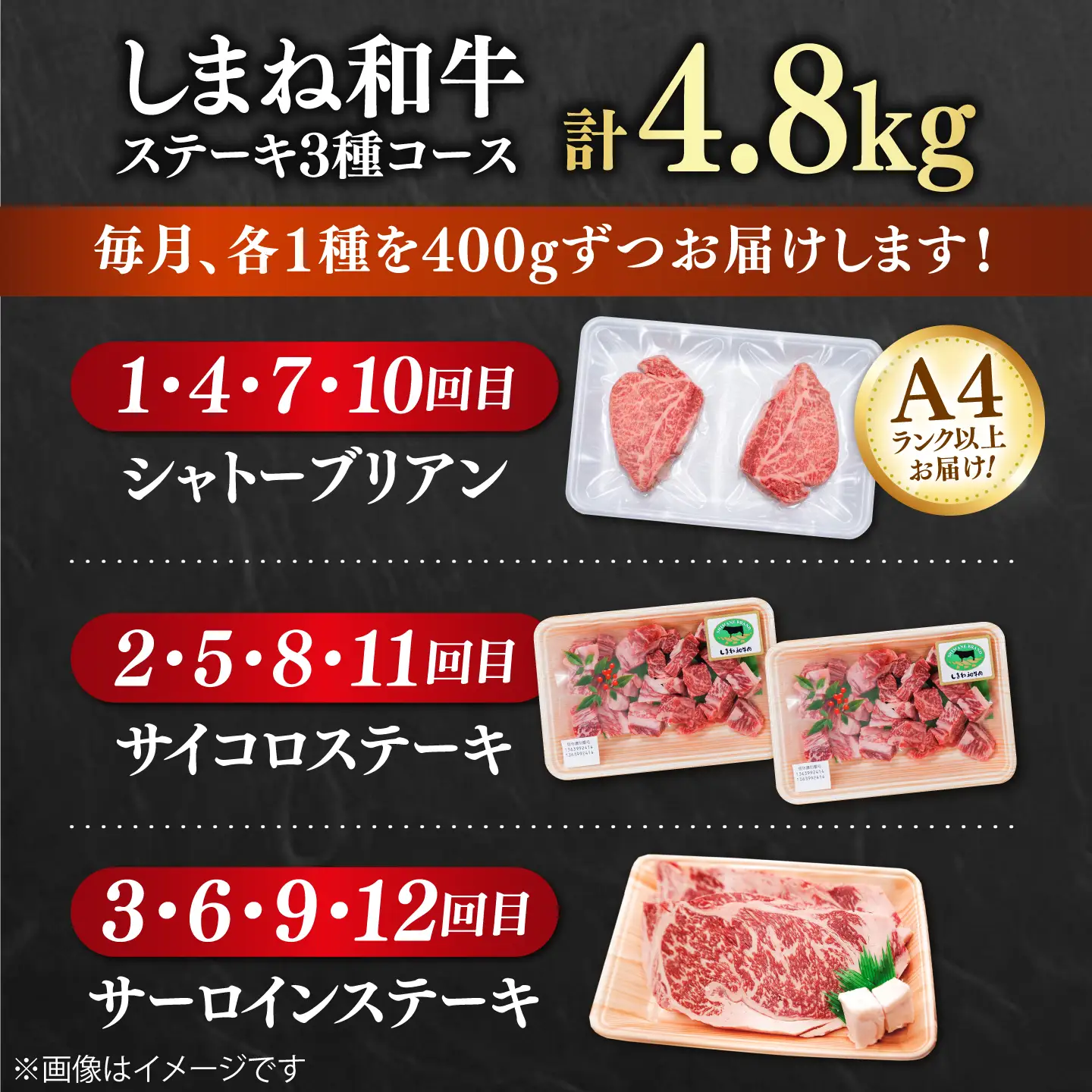 シャトーブリアン含む【全12回定期便】しまね和牛＜ステーキ3種コース/計4.8kg＞ / シャトーブリアン  [AIDQ011]