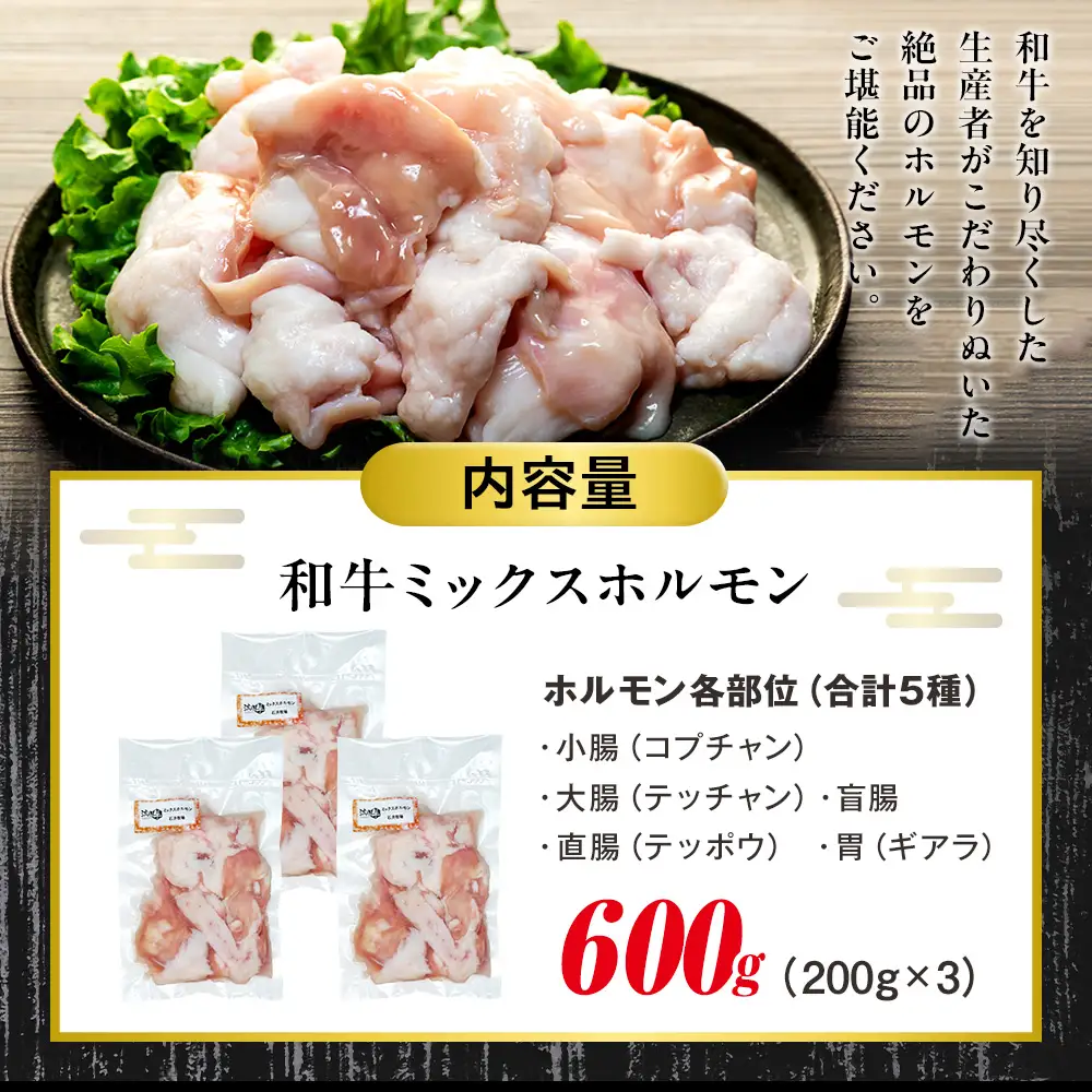 流氷牛 ミックスホルモン 600g(200g×3袋) 石井牧場 | ふるさと納税 ホルモン 牛ホルモン ミックスホルモン 和牛 流氷牛 焼肉 もつ焼き もつ鍋 小分け 国産 希少部位 味付けなし 大容量 北海道 津別町