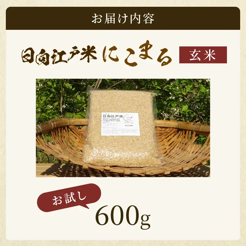 天日干し仕上げの日向江戸米（にこまる）お試し パック 計600g【玄米】国産米 ブランド米 農薬不使用 化学肥料不使用 無農薬 ごはん ご飯 おにぎり お弁当 使い切りタイプ 和食 主食 人気 おすすめ 宮崎県 綾町 送料無料_A0038-019