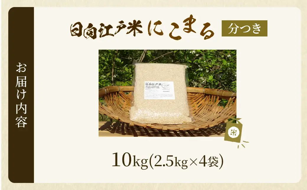天日干しが引き出す お米の旨味 日向江戸米（にこまる）【分つき】計10kg 国産米 ブランド米 農薬不使用 化学肥料不使用 無農薬 ごはん ご飯 おにぎり お弁当 冷めても美味しい 精米したて 和食 主食 人気 おすすめ 宮崎県 綾町 送料無料_A0038-039