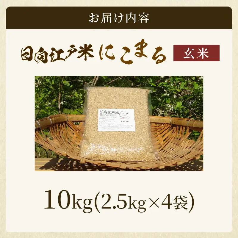 天日干しが引き出す お米の旨味 日向江戸米（にこまる）【玄米】計10kg 国産米 ブランド米 農薬不使用 化学肥料不使用 無農薬 ごはん ご飯 おにぎり お弁当 冷めても美味しい もっちり食感 和食 主食 人気 おすすめ 宮崎県 綾町 送料無料_A0038-030