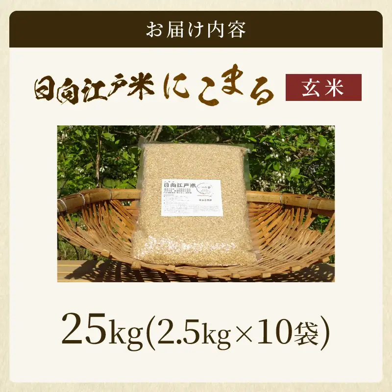 天日干しが引き出す お米の旨味 日向江戸米（にこまる）【玄米】計25kg 国産米 ブランド米 農薬不使用 化学肥料不使用 無農薬 ごはん ご飯 おにぎり お弁当 冷めても美味しい もっちり食感 和食 主食 人気 おすすめ 宮崎県 綾町 送料無料_A0038-032