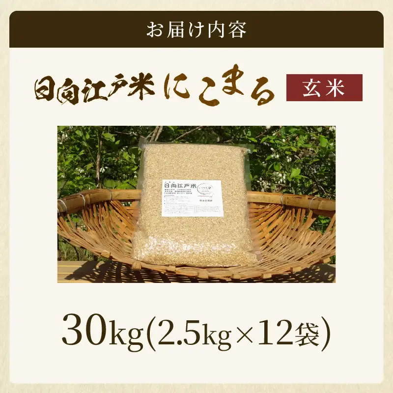 天日干しが引き出す お米の旨味 日向江戸米（にこまる）【玄米】計30kg 国産米 ブランド米 農薬不使用 化学肥料不使用 無農薬 ごはん ご飯 おにぎり お弁当 冷めても美味しい もっちり食感 和食 主食 人気 おすすめ 宮崎県 綾町 送料無料_A0038-033