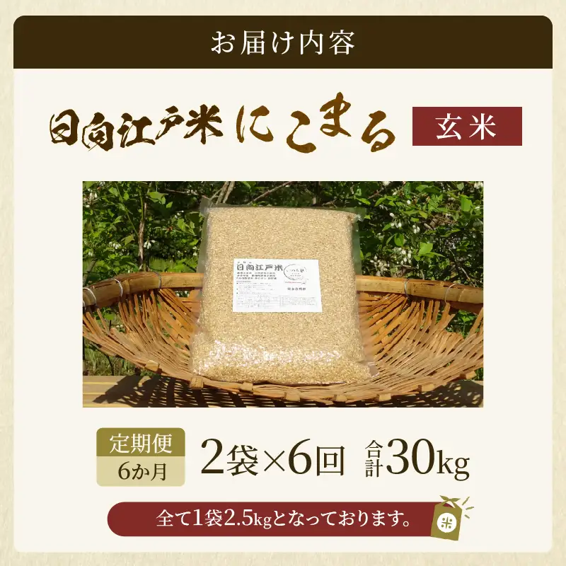 【6か月定期便】天日干しが引き出す お米の旨味 日向江戸米（にこまる）【玄米】合計30kg 国産米 ブランド米 農薬不使用 化学肥料不使用 無農薬 ごはん ご飯 おにぎり お弁当 冷めても美味しい もっちり食感 和食 主食 人気 おすすめ 宮崎県 綾町 送料無料_A0038-036
