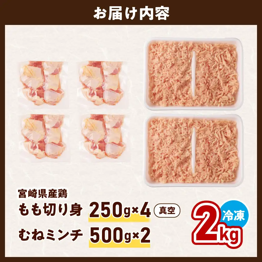 宮崎県産鶏もも切り身&ミンチ2kg〔AA-89-020-2kg〕_(都城市)