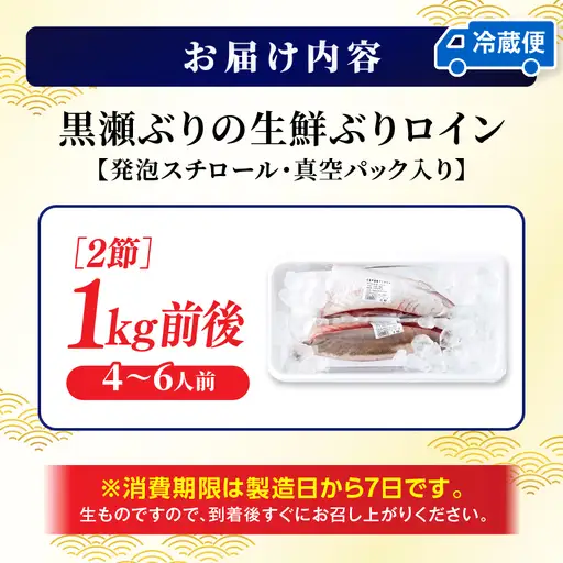 ＜2026年9月発送分＞活じめ！黒瀬ぶりの生鮮ブリロイン2節（1.0kg前後）_K001-012-2609