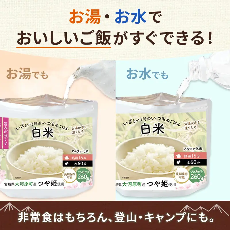 宮城県大河原町産つや姫のアルファ化米 わかめご飯 100g 10袋セット お米 長期保存 非常食 アルファ米 ご飯 ごはん 防災食 備蓄 保存食 常温 つや姫