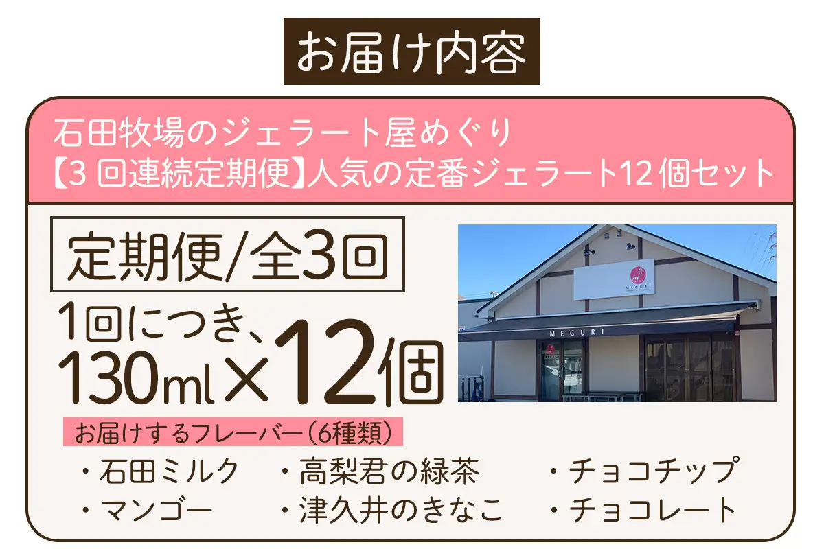 [定期便／3ヶ月連続] 石田牧場のジェラート屋めぐり 人気の定番ジェラートセット 計36個 (12個×3回) [1243]