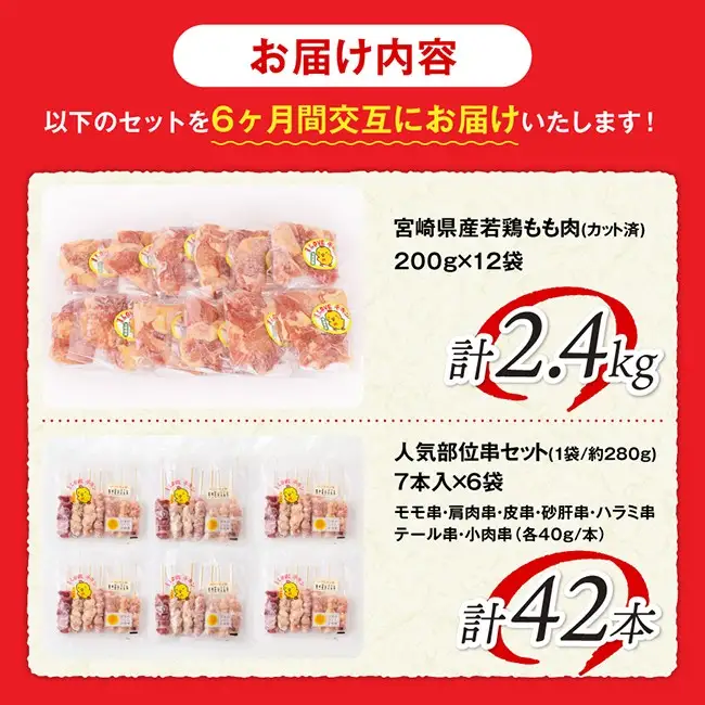 【6ヶ月定期便】宮崎県産若鶏もも200g×12袋＋人気部位串42本 【 肉 もも 串 ヘルシー 真空パック 小分け 串カツ ＢＢＱ 唐揚げ 長期保存 時短料理 カット済 宮崎県産 】