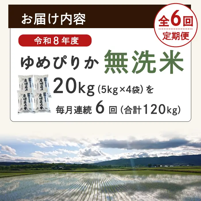 ＜6回定期便＞ 無洗米 ゆめぴりか 20kg 令和8年産 先行予約 2026年11月以降順次発送 無洗 【産直の谷農園】F7049-2-2611
