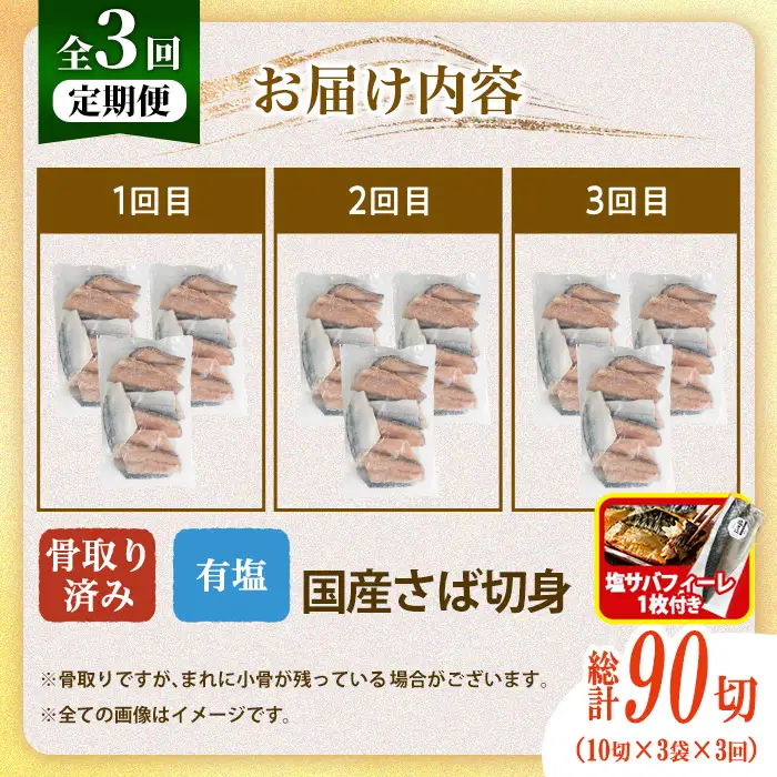 【定期便・全3回(連続)】骨取り 国産 塩 さば 切身(総計90切)塩さばフィーレ付き 鯖 サバ 骨なし 骨とり 冷凍食品 魚 魚介 小分け パラパラ冷凍 【AW-131】【丸正水産】