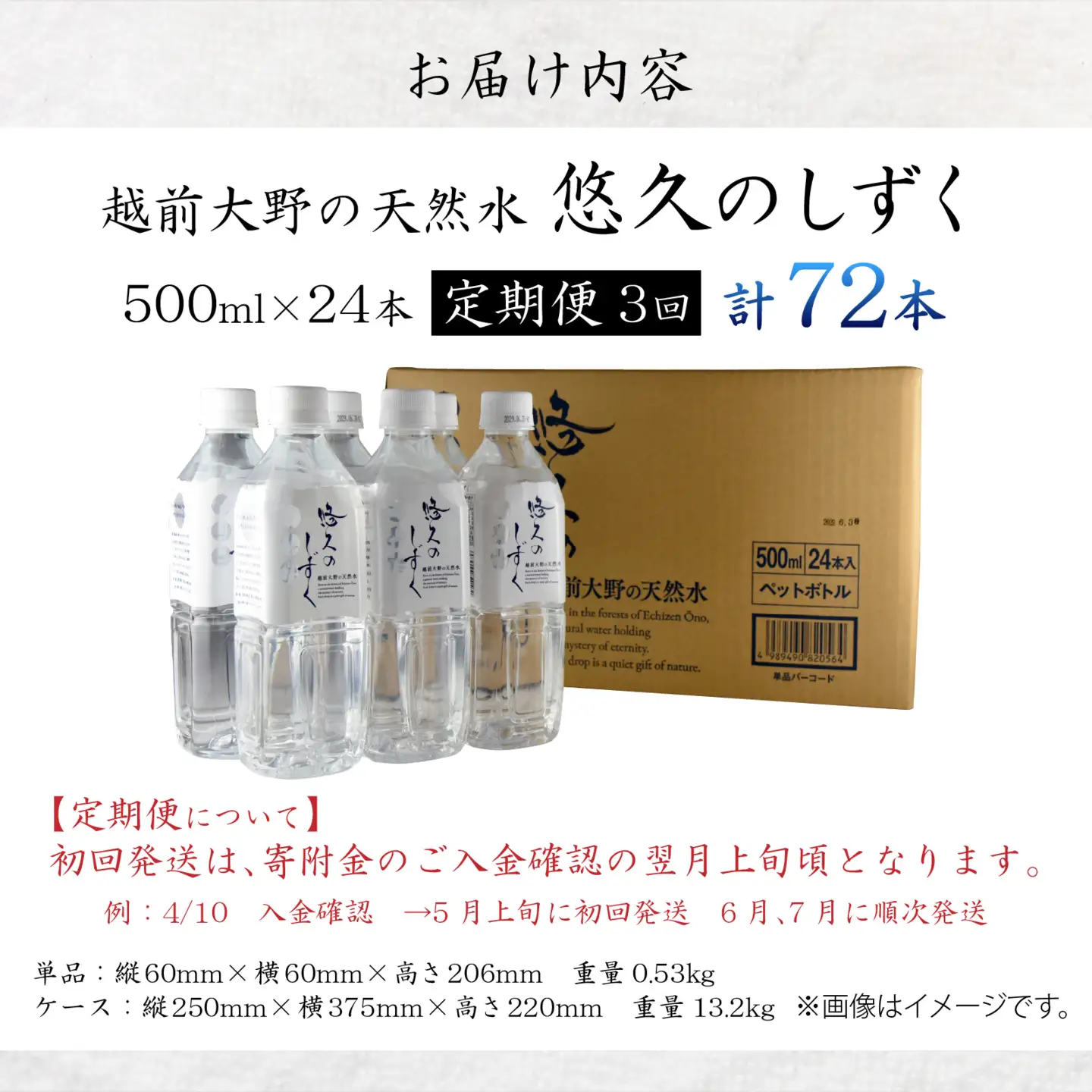 【3ヶ月連続お届け】越前大野の天然水　悠久のしずく PET500ml × 24本×3回配送　計72本