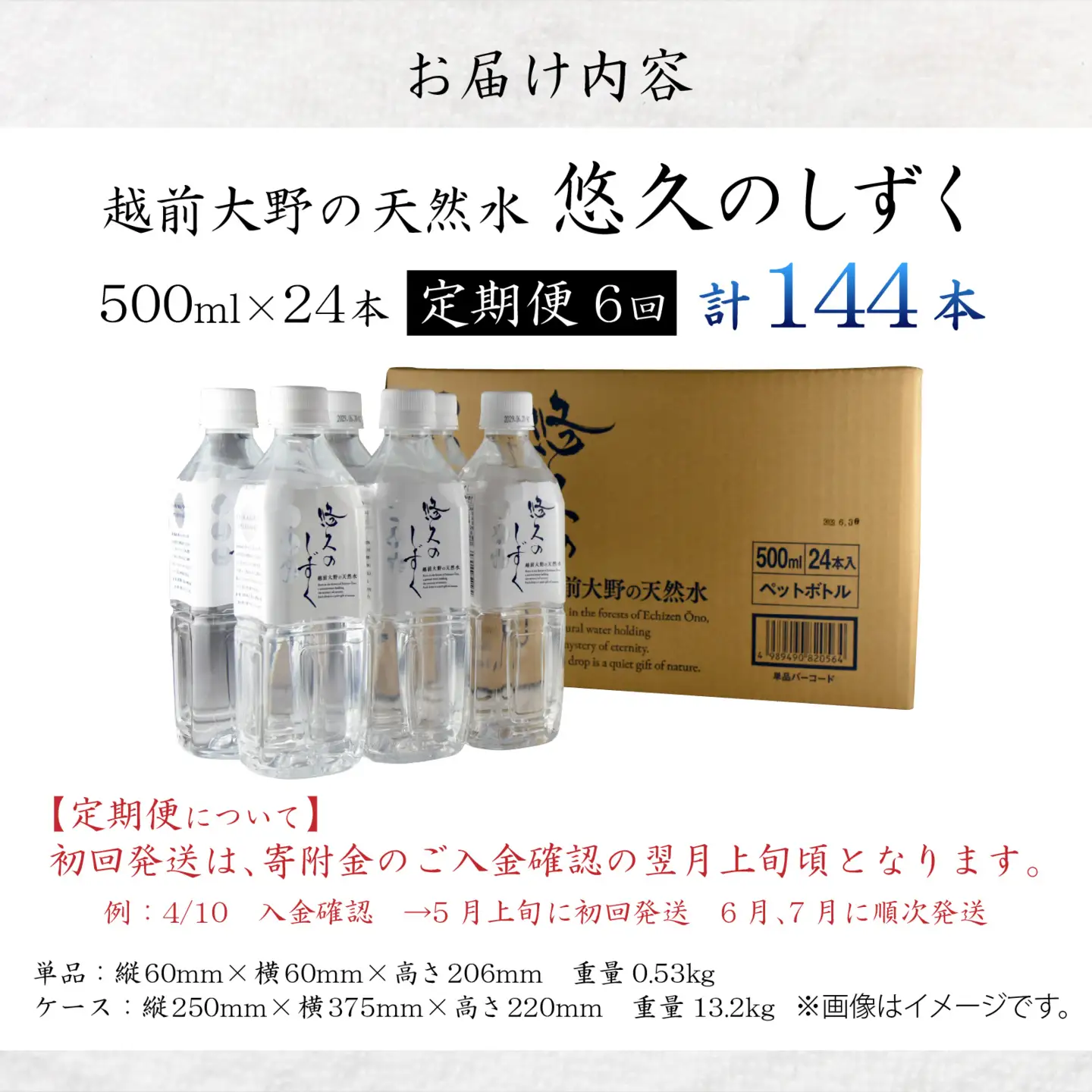 【6ヶ月連続お届け】悠久のしずくPET500ｍｌ×24本×6回配送　計144本