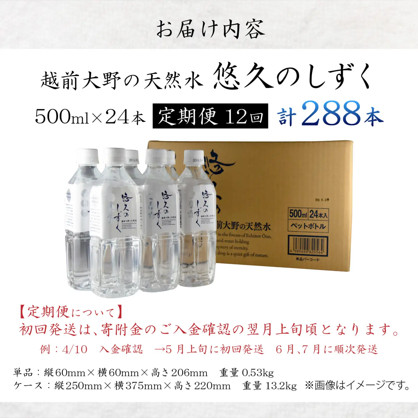 【12ヶ月連続お届け】悠久のしずくPET500ｍｌ×24本×12回配送　計288本