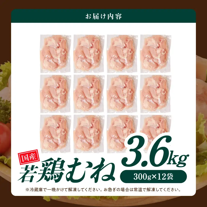 国産若鶏むね肉3.6kgセット 小分けパック!カット済み!〔11-33-005-3600g〕_(都城市)