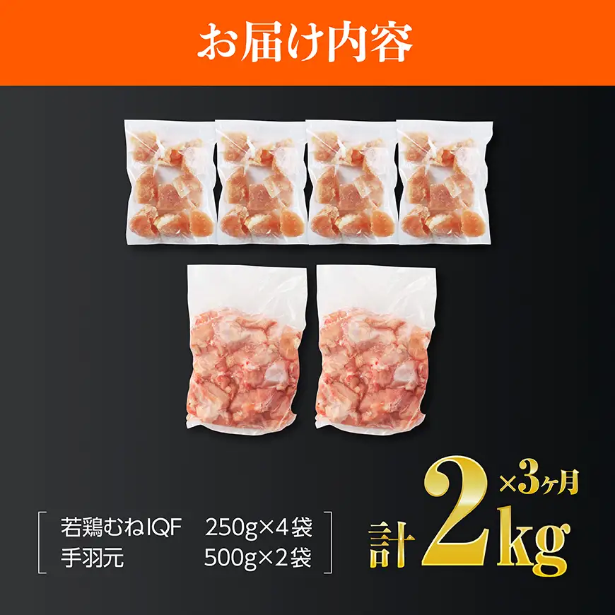 【3ヶ月定期便】【宮崎県産】若鶏むねIQF＋手羽元計2kg(むねIQF250g×4、手羽元500g×2) 【 宮崎県産 セット 鶏肉 肉 鶏 むね ムネ 手羽元 便利 小分け 唐揚げ カット済み 】 
