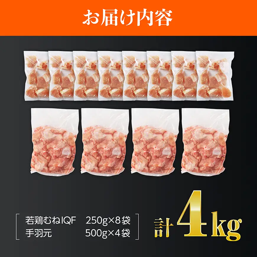 【宮崎県産】若鶏むねIQF＋手羽元計4kg(むねIQF250g×8、手羽元500g×4) 【 宮崎県産 セット 鶏肉 肉 鶏 むね ムネ 手羽元 便利 小分け 唐揚げ カット済み 】 
