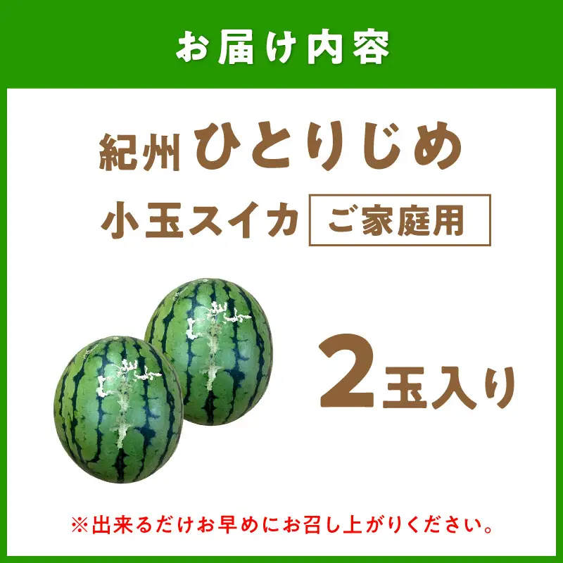 紀州ひとりじめ(小玉スイカ) 2玉（M～Lサイズ） 3kg程度 ≪家庭用≫【配送不可地域：北海道・青森・秋田・岩手・沖縄・離島】【1341】