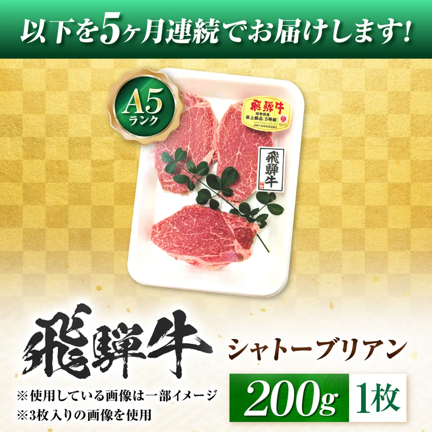 【5回定期便】飛騨牛 A5等級 シャトーブリアンステーキ 1枚（200g/1枚） 牛肉 肉 お肉 ステーキ 岐阜市 / 肉の松久[ANIP076]