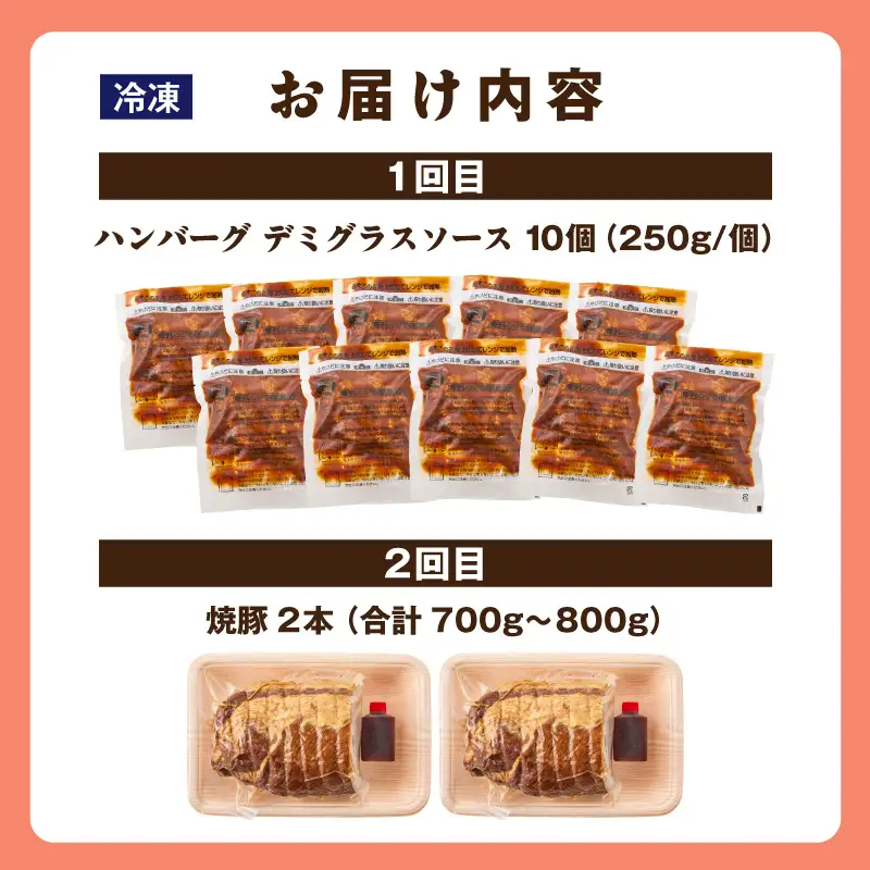 《全2回》お肉の定期便（ハンバーグ、焼豚）・T168